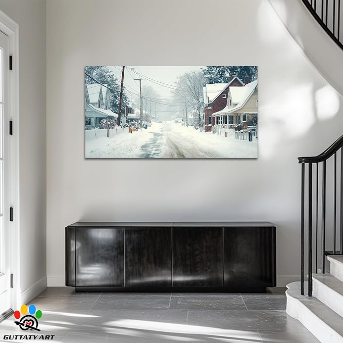 GUTTATY Christmas Winter Scene Canvas Wall Art, Snowy Neighborhood Pictures, Home Canvas Artwork, Subtle Poster Print, Cozy Wall Decor for Living Room, Bedroom, Holiday Hanging Artwork, 60x30 Inch