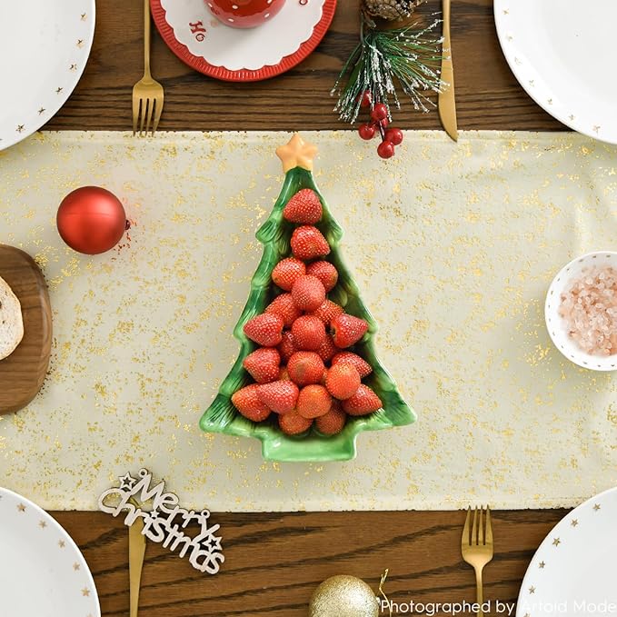 Artoid Mode Beige Dutch Fleece Table Runner, Glitter Metallic Foil Holiday Kitchen Dining Table Decoration for Home Party Decor 13x108 Inch