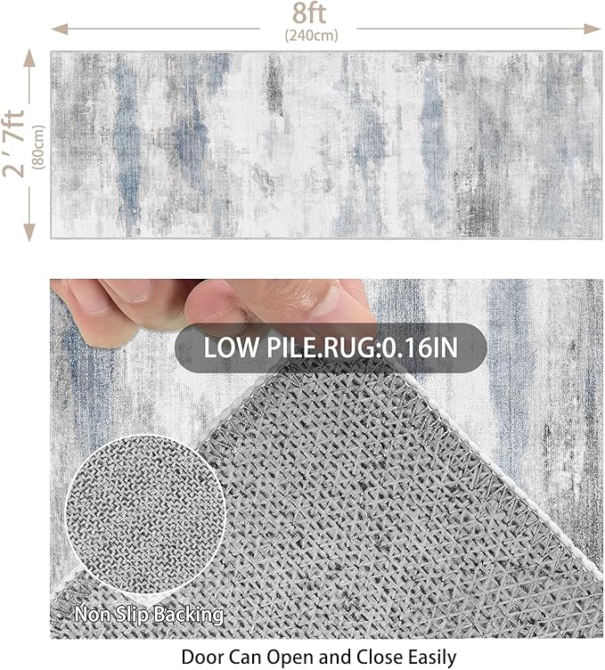 Enkor Runner Rugs for Hallway, 2'7"x8 Washable Soft Non Slip Abstract Rugs for Kitchen, Modern Mat for Entryway Living Room Bedroom Blue & Grey