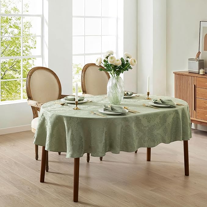 Newbridge Barcelona Damask Fabric Tablecloth, 60 x 84 Inch Oval, Sage Green – No Iron, Soil Resistant Table Cover for Dining, Parties and Holidays
