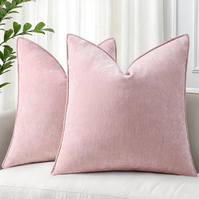 decorUhome Christmas Couch Throw Pillow Covers 16x16 Set of 2, Decorative Soft Euro Velvet Neutral Chenille Pillow Covers with Elegant Design for Sofa Bed Living Room Home Decor, Blush Pink