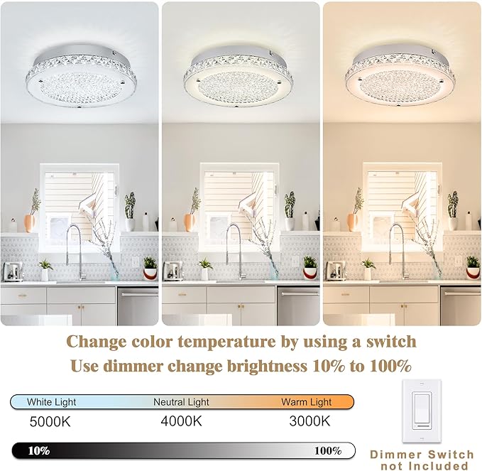 Crystal Ceiling Light Fixture 3000/4000/5000K Crystal Chandeliers Dimmble LED Kitchen Lighting Fixtures Ceiling for Dinning Room Bathroom Bedroom Hallway Entrance 14''