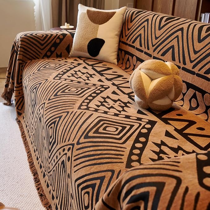 VClife Boho Couch Covers Washable Sofa Cover for Sofa, Luxury Sectional Couch Cover Chenille for 3 Cushion Couch, Anti Slip Pet Sofa Slipcover Dog Couch Cover Throw, Black Pumpkin Geometry, 71"x134"