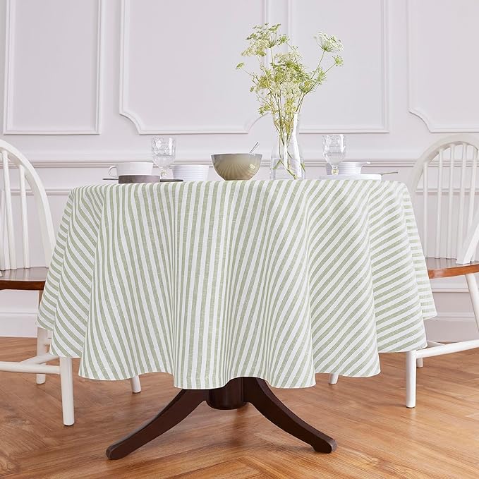 Solino Home Linen 60 Inch Round Tablecloth - Amalfi Stripe, 100% Pure Linen Sage and White Round Tablecloth - Machine Washable Table Cloth for Fall, Autumn, Thanksgiving, Christmas, Winter