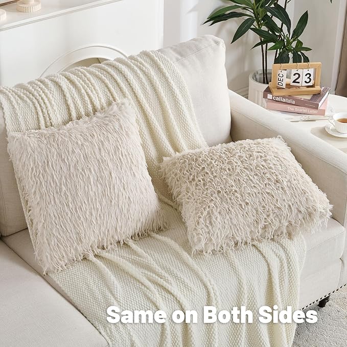 FUTEI Beige Decorative Throw Pillow Covers 20x20 Inch Set of 2,Soft Fluffy Faux Feather Texture Cushion Cases,Modern Home Luxury Decor for Couch Bed Living Room