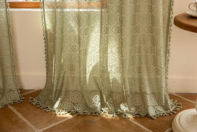 YJ YANJUN Green Sheer Curtains 96 Inches Long, 2 Panels, Vintage Crochet Doily Pattern, Aesthetic Boho Cottagecore Style, Sage Lace Curtains for Bedroom Living Room, 8ft Spring Drapes W59 x L96
