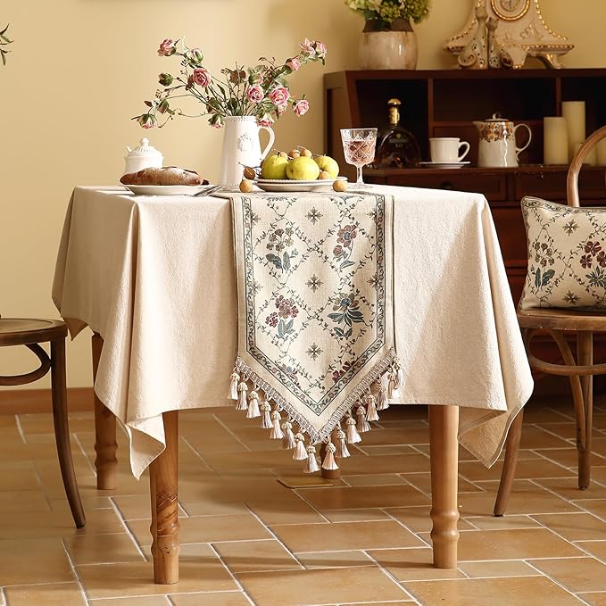 patdrea Designer Vintage Floral Linen Table Runner 87 Inch Long, Beige Cottage Rustic Bouquets Pattern Table Mat,Decor for Kitchen Dining Coffee Table Shelf Cabinet Banquet Christmas ,12"*87"