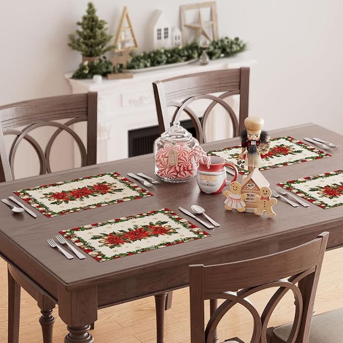 XCHI Christmas Poinsettias Leaves Bells Snowflakes Winter Xmas Placemats Set of 8 Table Mats for Party Home Kitchen Dining Table Decorations 12x18 Inch