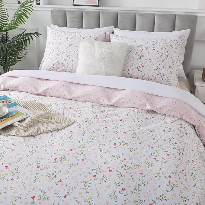 HoneiLife Floral Duvet Cover Queen - 100% Cotton Comforter Cover, Botanical Bedding Duvet Cover Sets with Zipper Closure & Corner Ties, 3-PC Wildflower Comforter Cover Sets, Early Spring