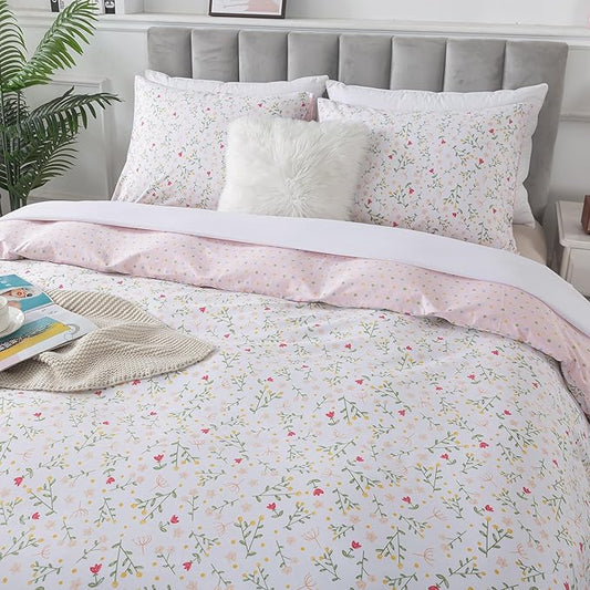 HoneiLife Floral Duvet Cover Queen - 100% Cotton Comforter Cover, Botanical Bedding Duvet Cover Sets with Zipper Closure & Corner Ties, 3-PC Wildflower Comforter Cover Sets, Early Spring