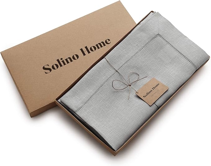 Solino Home Linen Soft Grey Tablecloth 60 x 144 Inch - Classic Hemstitch, 100% Pure Linen Rectangular Tablecloth - Machine Washable Table Cloth for Fall, Autumn, Thanksgiving, Christmas, Winter