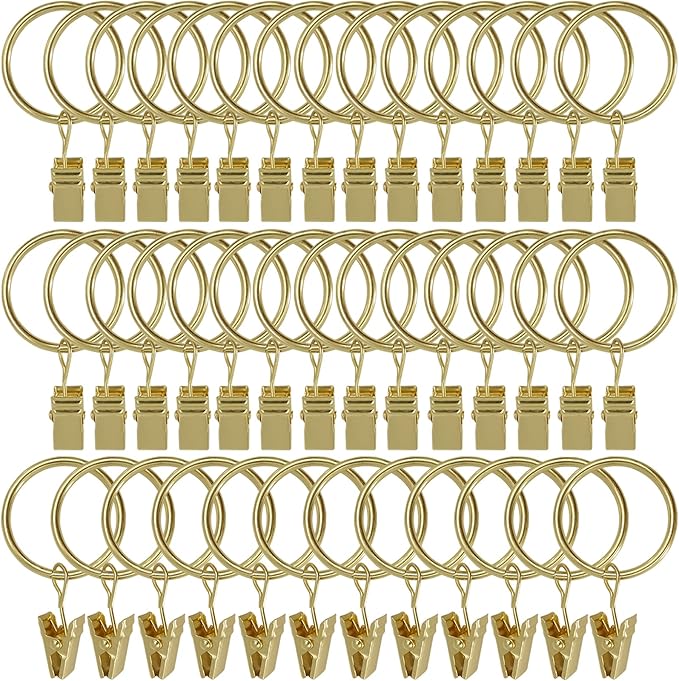 40 Pack Curtain Rings with Clips, Curtain Clip Rings Hooks, Bow Hanger Clips for Hanging Drapery Drapes Bows, Ring 1.26 inch Interior Diameter, Fits up to 1" Rod, Gold