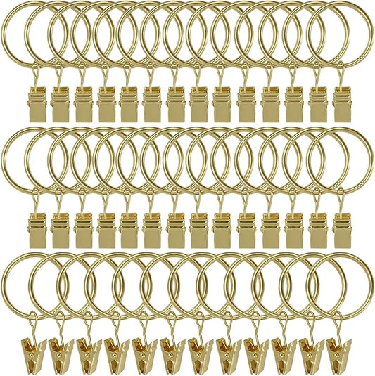 40 Pack Curtain Rings with Clips, Curtain Clip Rings Hooks, Bow Hanger Clips for Hanging Drapery Drapes Bows, Ring 1.26 inch Interior Diameter, Fits up to 1" Rod, Gold