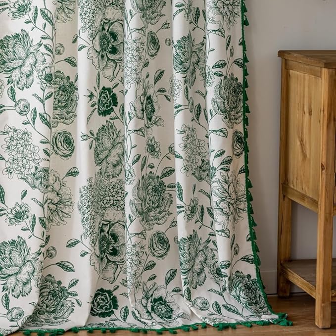 F-CHU Bohemian Curtains for Bedroom 63 Inch Length French Country Floral Drapes Farmhouse Rustic Window Curtain Panels for Bedroom Chic Cotton Linen Blend Toile Curtain，2 Panel