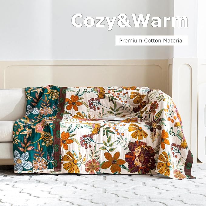 Boho Throw Blanket for Bed 100% Cotton Ultra Soft Rustic Quilt Floral Printed Farmhouse Decor Fall Bed Blankets,60"×80" All Season Rustic Throw for Sofa Couch Chair