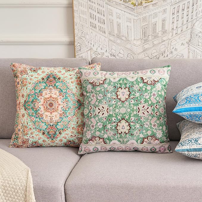 Boho Floral Throw Pillow Covers 16x16 inch Set of 2,Green Boho Rug Geometric Floral Pattern Decor Double Sided Pattern Cushion Cover Soft Pillow Case Living Sofa Room Bed Square Pillow Cover
