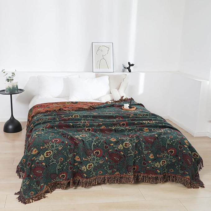 Boho Throw Blanket for Bed 100% Cotton Ultra Soft Rustic Quilt Farmhouse Decor Bed Fall Blanket,All Season Rustic Throw for Sofa Couch Chair (Flower-Dark Green, 60"×80")