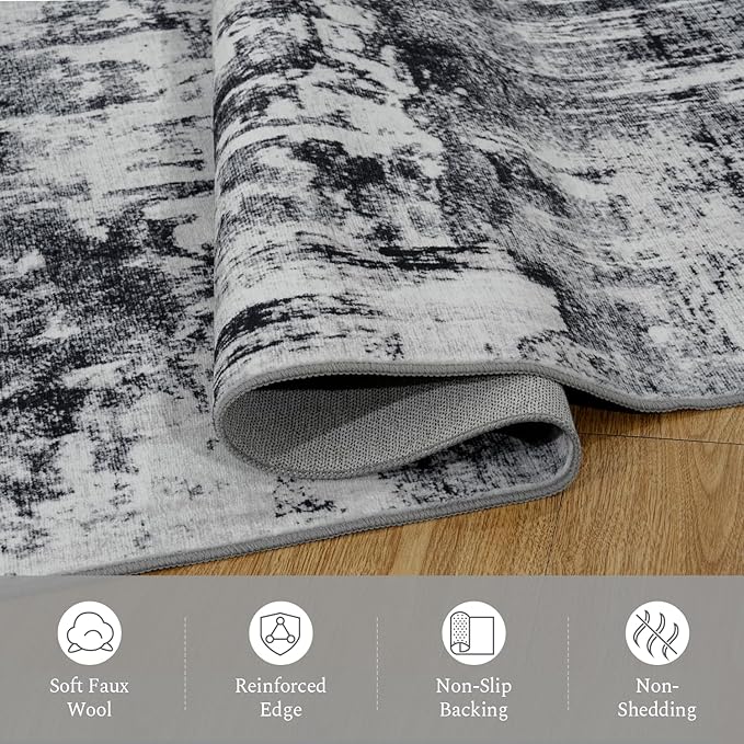 Rugflix 8x10 Area Rugs for Living Room, Washable Large Rug Stain-Resistant Low Pile, Modern Dark Carpet for Dining Room Home Office Kid Room Nursery Bedroom, Black Grey