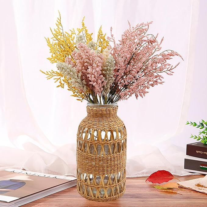 Straw Woven Glass Vase 6.29''x1.77''x3.15''Boho Glass Flower Vase Country Rustic Style Vase Glass Vase for Floral Arrangements Housewarming Party Home Decor (C Style 6.29IN)