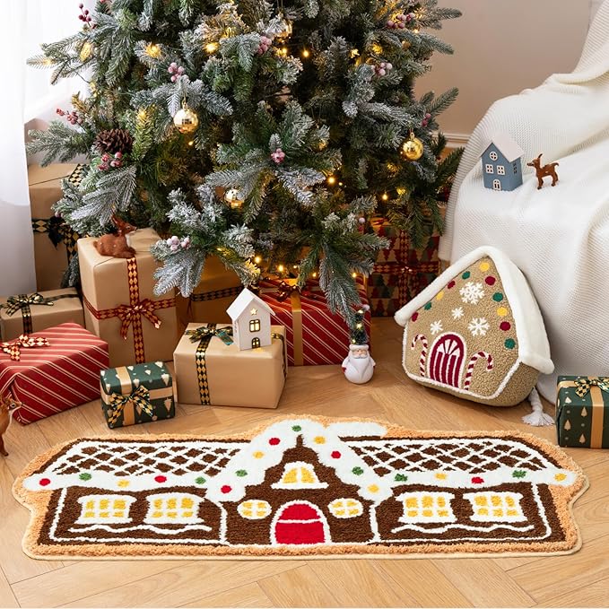 Phantoscope Gingerbread Series House Merry Christmas Throw Pillow, Plush Faux Rabbit Fur Embroidered Teddy Sherpa Gingerbread House Xmas Decorative Shaped Pillow, Beige, 12x13 in