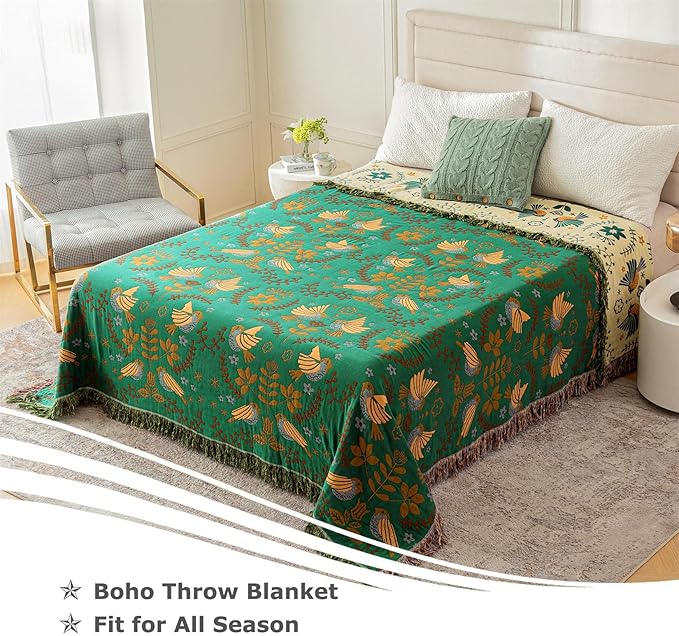 Boho Throw Blanket for Bed 100% Cotton Ultra Soft Rustic Quilt Fall Blanket Bird Floral Printed Farmhouse Decor Bed Blankets,90"×98" All Season Rustic Throw for Sofa Couch Chair