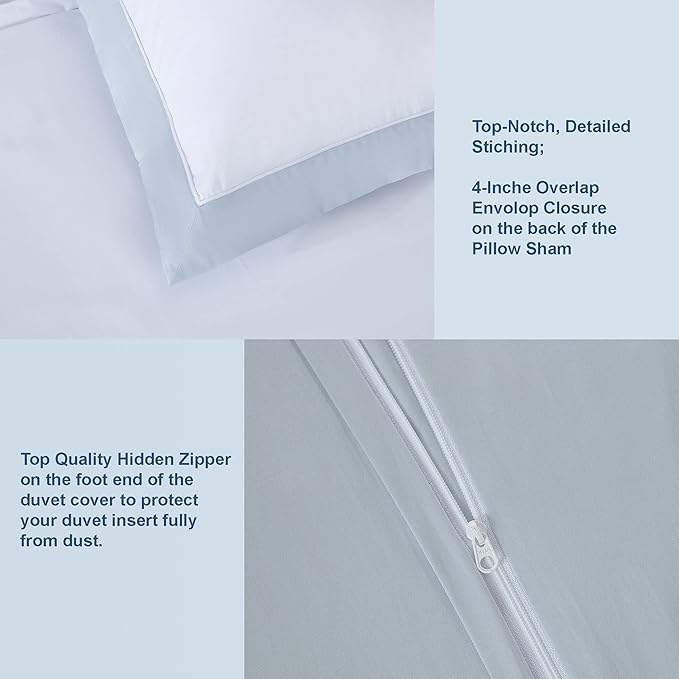 THE COTTON & SILK®️ 100% Luxury Long-Staple Cotton Duvet Cover Set - Soft & Breathable - Include 1 Duvet Cover with Corner Ties & Hidden Zipper, 2 Pillow Shams - White + Misty Blue, Queen Size