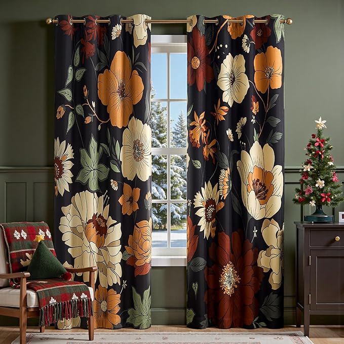 jinchan Lora Floral Curtains for Bedroom Blackout Drapes for Living Room Darkening Fabric Fall Decor Winter Vintage Flower Pattern Printed Window Curtains 90 Inches Length 2 Panels with Grommet Black