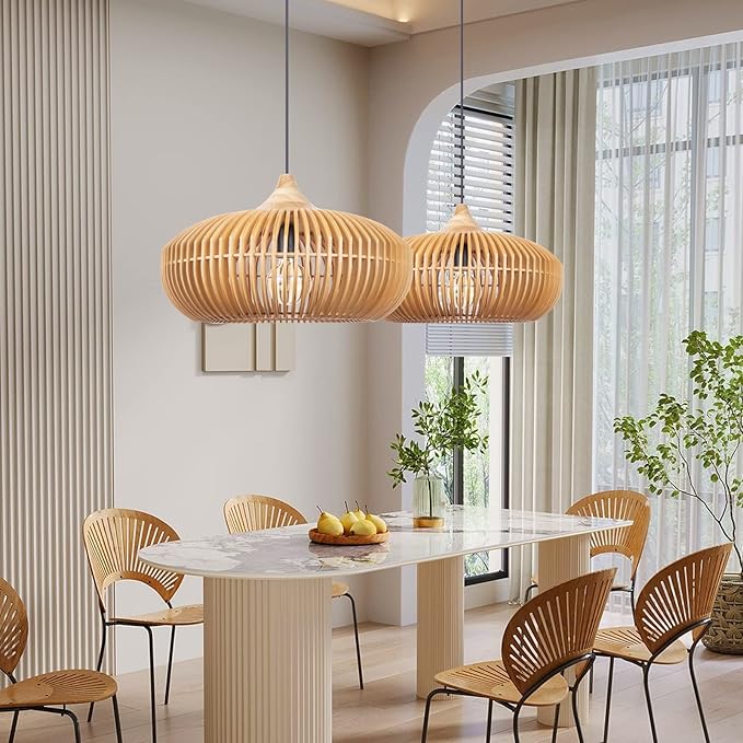 Arturesthome Wooden Pendant Light Kitchen Island, Rustic Farmhouse Wood Hanging Ceiling Lamp Fixture for Cafe Basement Hallway Foyer