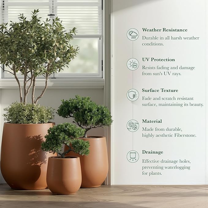 DTY Signature Mount Wilson Modern Indoor Outdoor Fiberstone Tapered Planter, Lightweight, Weather Resistant Garden Pot with Drainage Hole & Rubber Plug, Planter for Christmas Decor –Terracotta, Medium