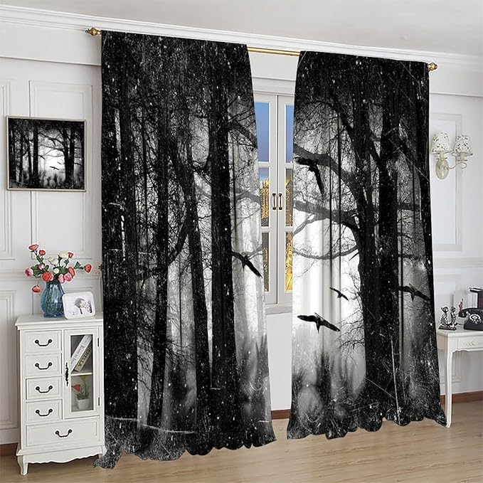 Gothic Forest Blackout Curtains, Foggy Forest Dead Trees Crow Halloween Style Black White Scary Print Window Treatments, for Bedroom Living Room 42(W)*84(L) 2 Panels