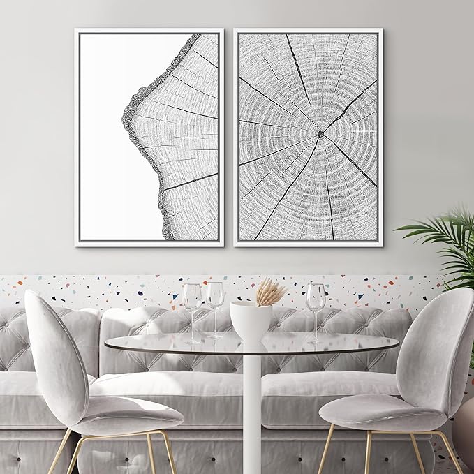 SIGNWIN Framed Canvas Print Wall Art Set Wood Grain Cross Section Minimalist Tree Ring Line Zen Bohemian for Living Room, Bedroom, Office - 16"x24"x2 WHITE