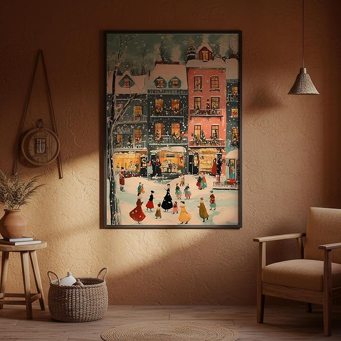 OZCONO Colorful Christmas Town Wall Art, Retro Winter Village Holiday Decor, Cozy Seasonal Farmhouse Accent, Snowy Scene for Festive Home Styling, Hello December Print (Unframed) (12x18)