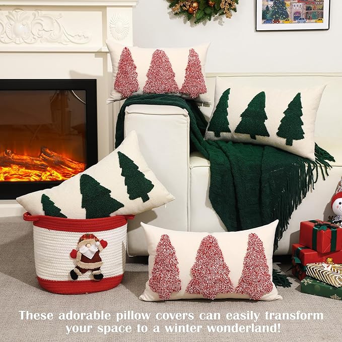 Lewondr Christmas Throw Pillow Covers, 2 Pack Christmas Tree Embroidery Decorative Throw Pillow Case Sofa Cushion Cover for Party Thanksgiving Day Xmas Decor 12"x20"(30x50cm), Beige