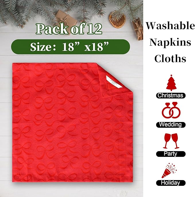 Red Napkins Cloth, Square Napkins 18"x18" - Cotton & Polyester | Wrinkle/Fade Resistant - 12PC Reusable Napkins Washable, Christmas Table Napkin for Wedding, Dinner & Party, Bow Jacuqard