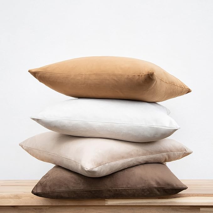 MONDAY MOOSE Decorative Throw Pillow Covers Cushion Cases, Set of 4 Soft Velvet Modern Designs, Mix and Match for Home Decor, Pillow Inserts Not Included (18x18 inch, Brown/Beige)