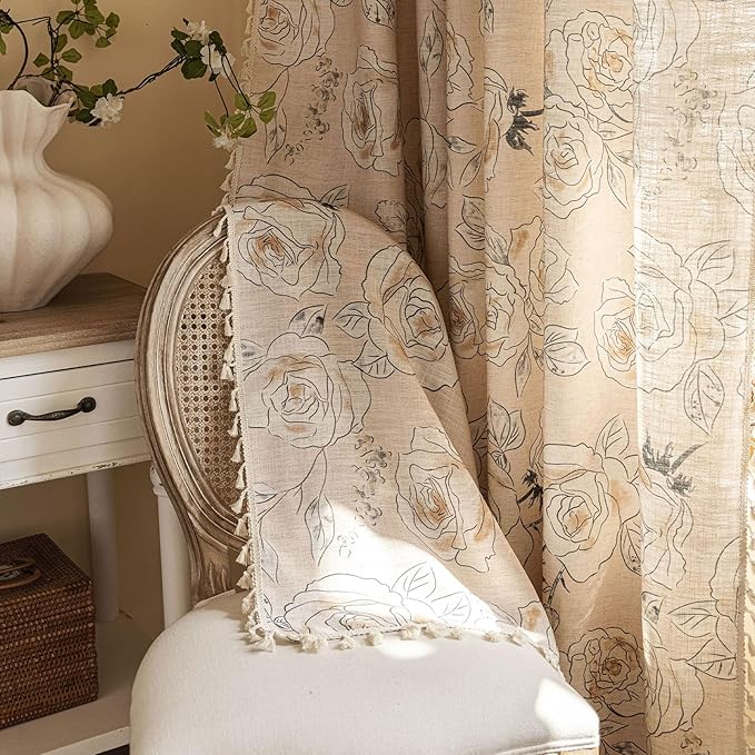 OYX Boho Floral Semi-Blackout Curtains for Bedroom, 2 Panels 52x96 Inches, Grey Rose Vintage Country Pattern with Tassels, Rod Pocket Design, Farmhouse Window Treatments