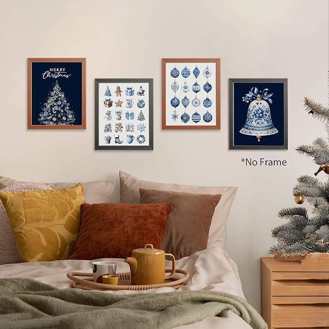AEHIE Chinoiserie Blue and White Christmas Wall Art Poster Prints for Home Living Room Bedroom Kitchen, Winter Holiday Artwork Poster Blue Xmas Tree Bell Snowflake Decorations Unframed 4pcs 8x10inch