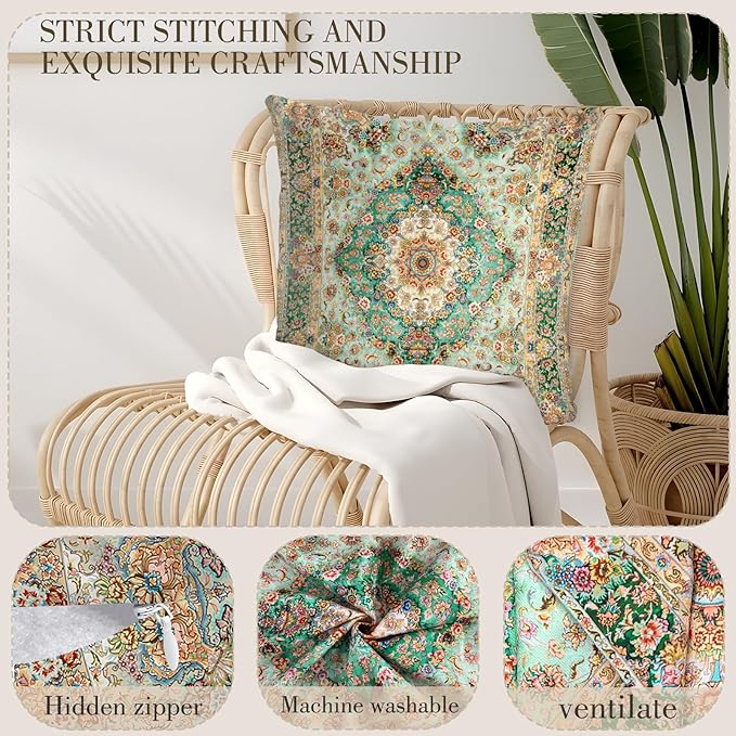 Boho Floral Throw Pillow Covers 20x20 inch Set of 2,Boho Rug Geometric Floral Pattern Decor Double Sided Pattern Cushion Cover Soft Pillow Case Living Sofa Room Bed Square Pillow Cover