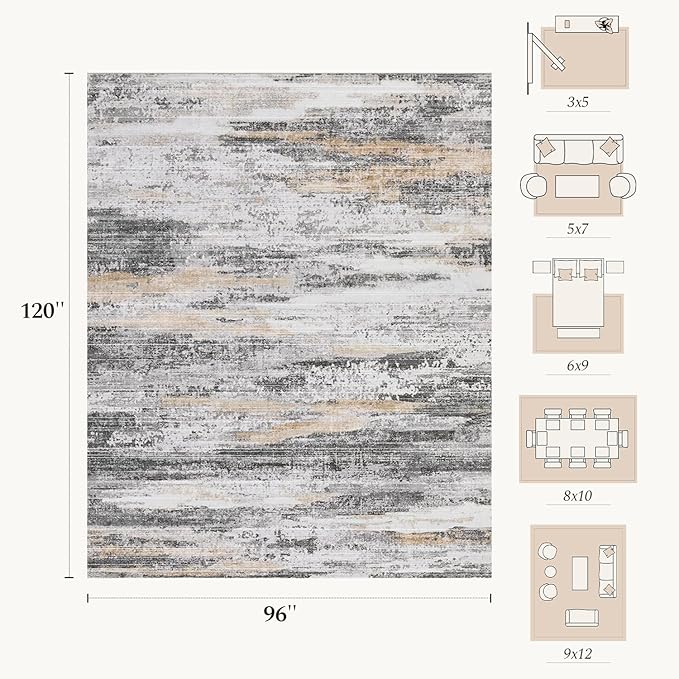 Rugflix 8x10 Large Area Rugs, Abstract Washable Rug for Living Room, Soft Low Pile Carpet, Non-Slip, Stain Resistant, Neutral Beige Grey Indoor Rug for Bedroom, Dining Room, Home Office