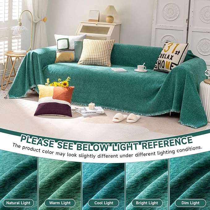 VClife Modern Teal Green Couch Cover Large Sofa Covers for Sectional Sofa Large Sofa Slipcover, Soft Chenille Couch Covers for 2 Cushion Couch Washable Living Room Furniture Protector, 71''x118''