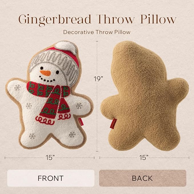Phantoscope Gingerbread Merry Christmas Throw Pillow, Plush Teddy Xmas Gingerbread Snowman Shaped Pillows with Hat, Christmas Decorative Pillow for Couch Living Room Bed, White, 19x15 inches