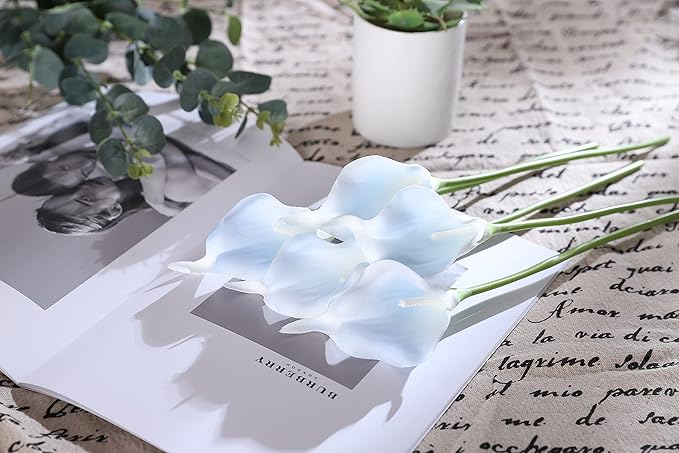 Duovlo 20pcs Calla Lily Bridal Wedding Bouquet Lataex Real Touch Artificial Flower Home Party Decor (Light Blue)