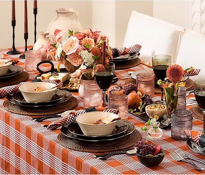 Solino Home Linen Plaid Tablecloth 52 x 52 Inch - 100% Pure Linen Glen Check Nutmeg Table Throw - Machine Washable Square Table Cloth for Fall, Autumn, Thanksgiving, Holiday