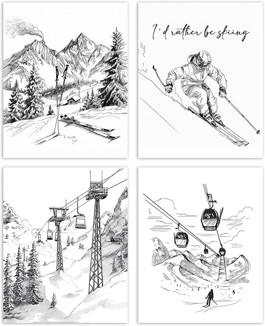 AEHIE Black and White Wall Ski Art Poster Prints for Home Bedroom Bedroom Living Room Office, Vintage Skiing Snowboard Winter Decor, Winter Snowy Mountain Landscape Wall Art Unframed 4pcs 8x10inch