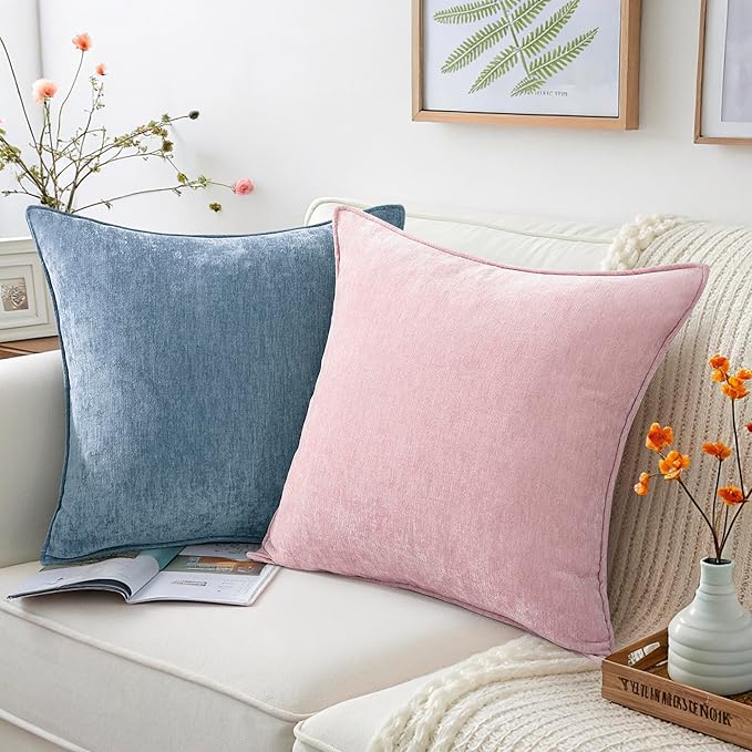 decorUhome Christmas Couch Throw Pillow Covers 16x16 Set of 2, Decorative Soft Euro Velvet Neutral Chenille Pillow Covers with Elegant Design for Sofa Bed Living Room Home Decor, Blue Grey