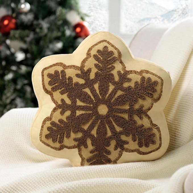 Phantoscope Merry Christmas Snowflake Shaped Throw Pillow, Velvet Xmas Embroidered Snowflake Pillow Decorative Christmas Cushion Pillow for Couch Living Room Bed, Brown, 16 x 16 inches