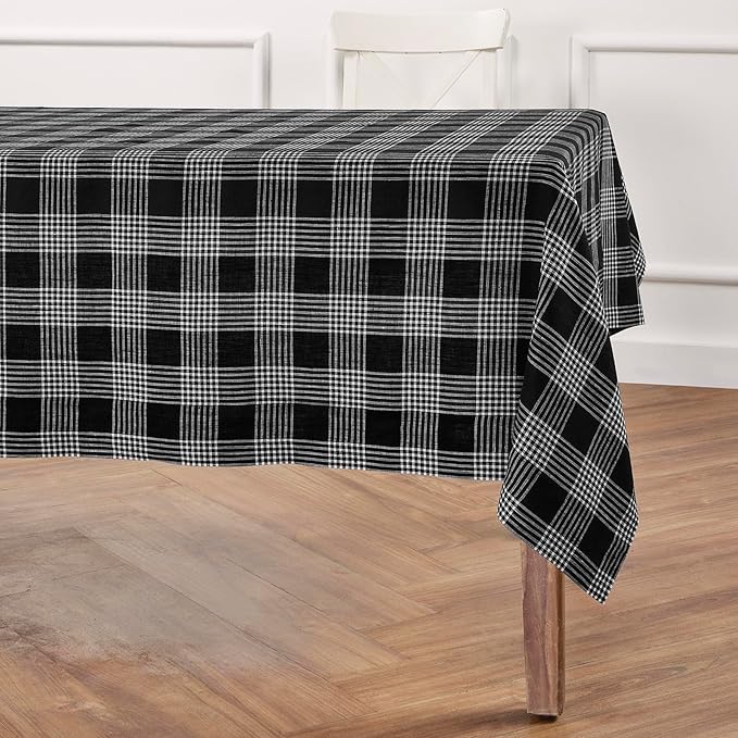 Solino Home Linen Tablecloth 60 x 120 Inch - 100% Pure Linen Glen Check Black and White Table Cloth for Rectangle Tables - Machine Washable Tablecloth for Fall, Winter, Thanksgiving, Holiday