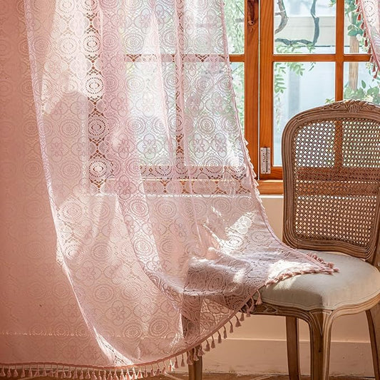 Pink Boho Curtains 2 Panels 63 Inch Length Vintage Chic Doily Pattern Sheer Lace Curtains Rod Pocket Privacy Girly Crochet Coquette Curtain for Bedroom Living Room Nurseries W59 x L63 Baby Pink