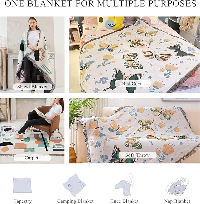 Double-Sided Cotton Woven Throw Blanket with Tassel Jungle Bohemian Style Tapestry Shawl Multi-Function Decorative Throws for Sofa Bed Armchair Camping Blanket Tablecloth Carpet 160x130cm