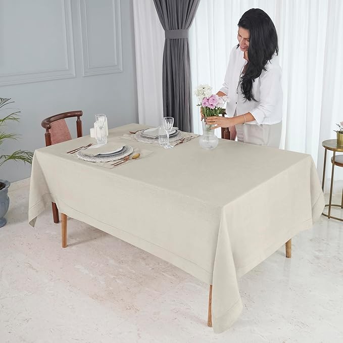 D'Moksha Homes Light Natural Linen Tablecloth 60 x 108 Inch - 100% Pure Linen Natural Table Cloth for Rectangle Tables - Classic Hemstitch, Machine Washable Tablecloth for Thanksgiving, Christmas